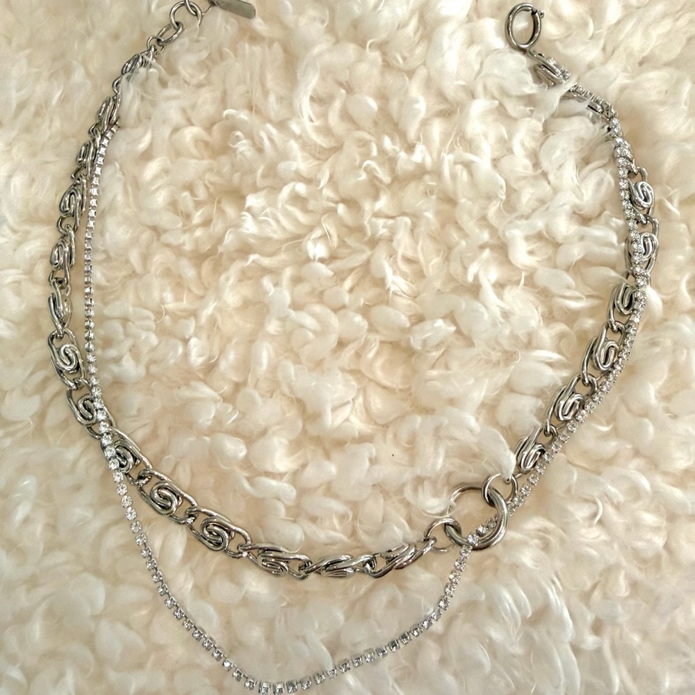 Layered Silver Chain Necklace with Rhinestone Strand